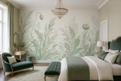 Botanical Wallpaper Watercolor Sage Green Removable Wall Decor