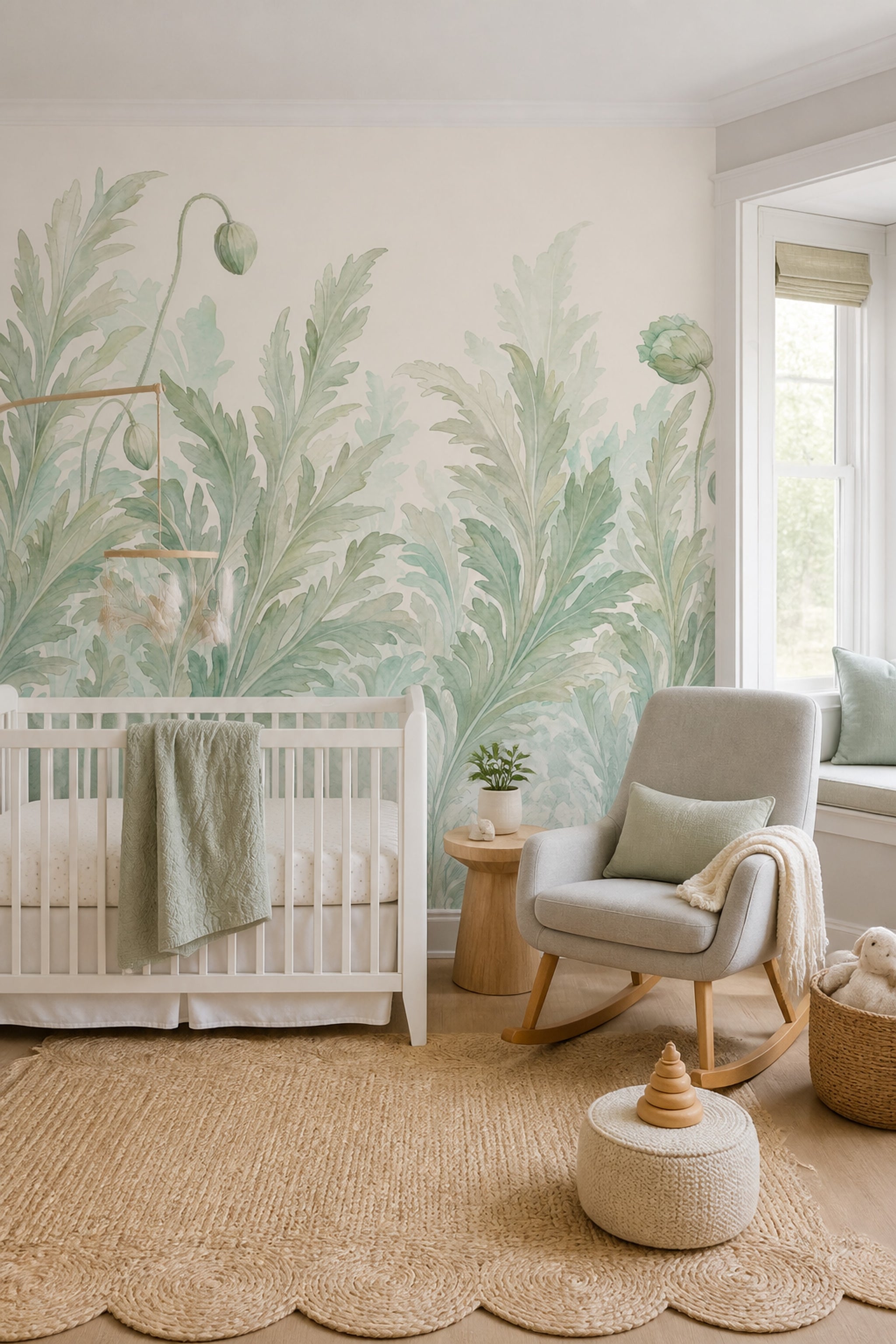 Botanical Wallpaper Watercolor Sage Green Removable Wall Decor