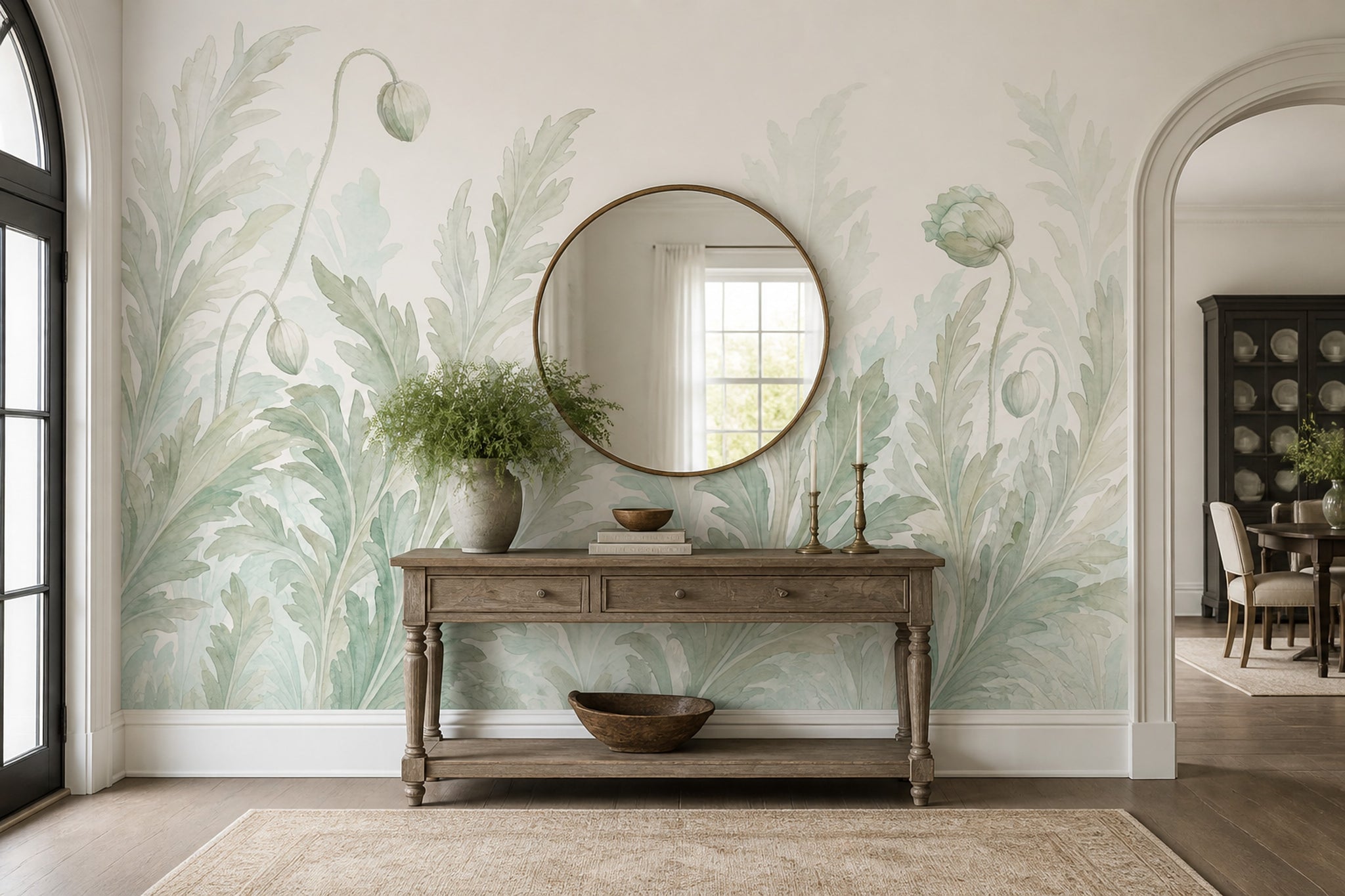 Botanical Wallpaper Watercolor Sage Green Removable Wall Decor