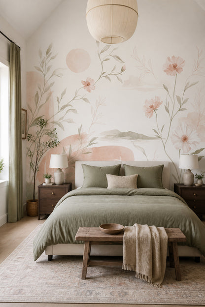 Watercolor Wallpaper Blush Pink Removable Botanical Wall Decor