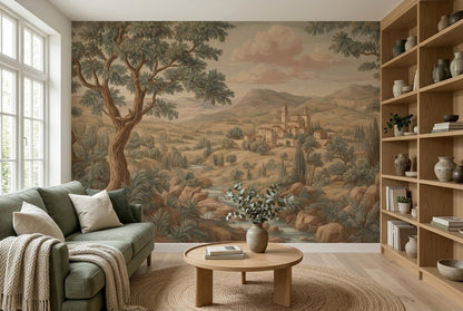 Vintage Landscape Wallpaper Tuscan Countryside Mediterranean Village Wall Mural
