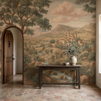 Vintage Landscape Wallpaper Tuscan Countryside Mediterranean Village Wall Mural