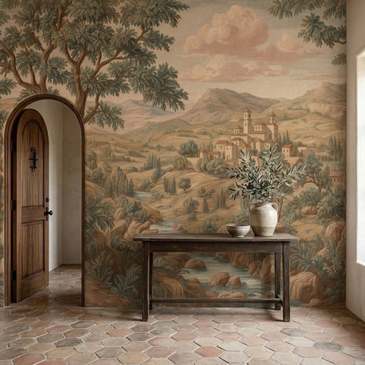 Vintage Landscape Wallpaper Tuscan Countryside Mediterranean Village Wall Mural