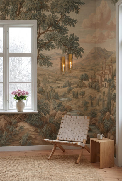 Vintage Landscape Wallpaper Tuscan Countryside Mediterranean Village Wall Mural