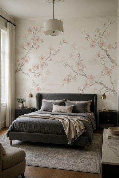 Cherry Blossom Wallpaper Floral Ivory Background Removable Wall Decor