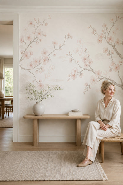 Cherry Blossom Wallpaper Floral Ivory Background Removable Wall Decor