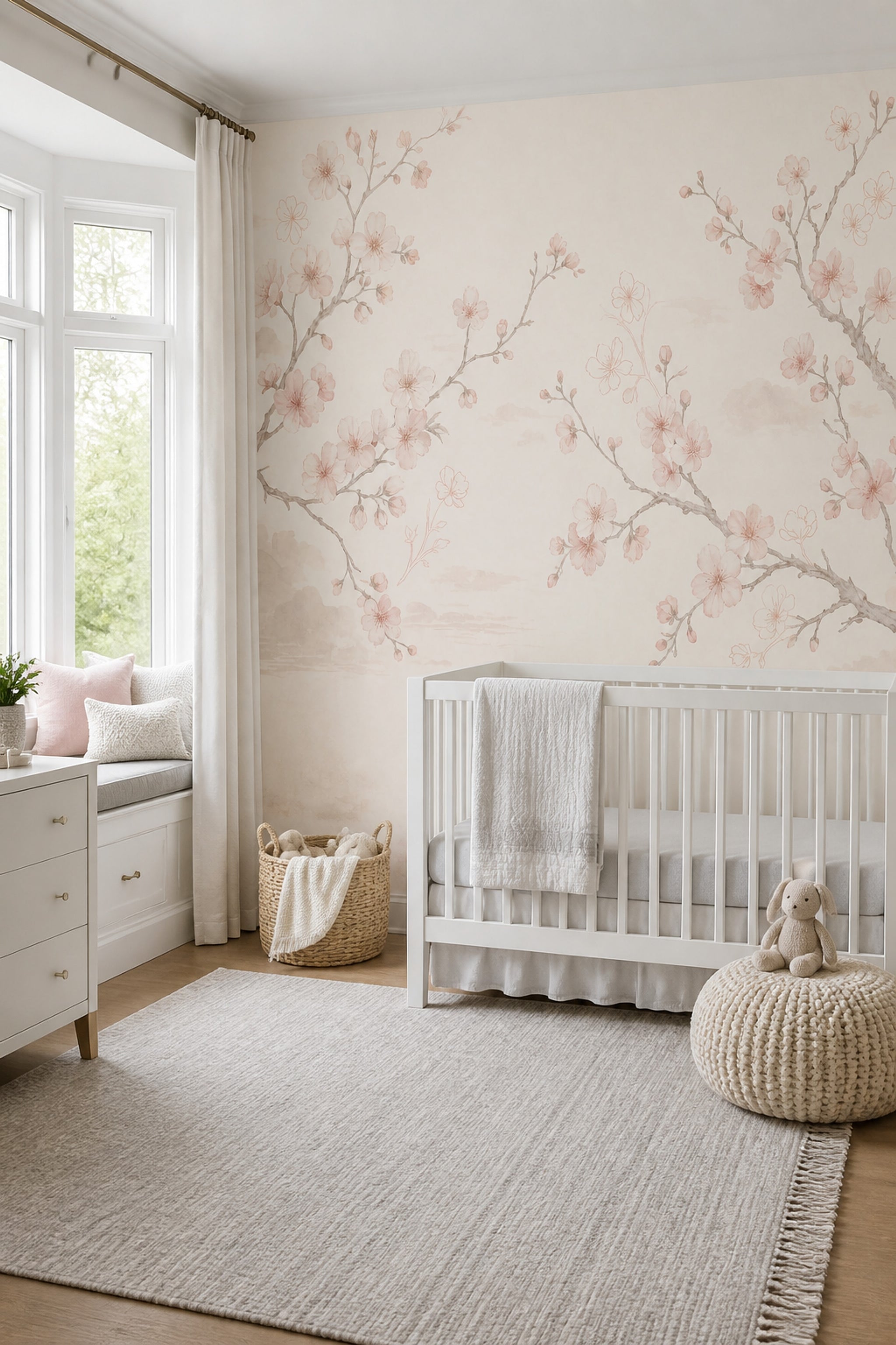 Cherry Blossom Wallpaper Floral Ivory Background Removable Wall Decor