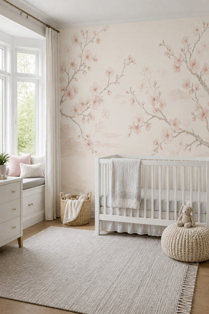 Cherry Blossom Wallpaper Floral Ivory Background Removable Wall Decor
