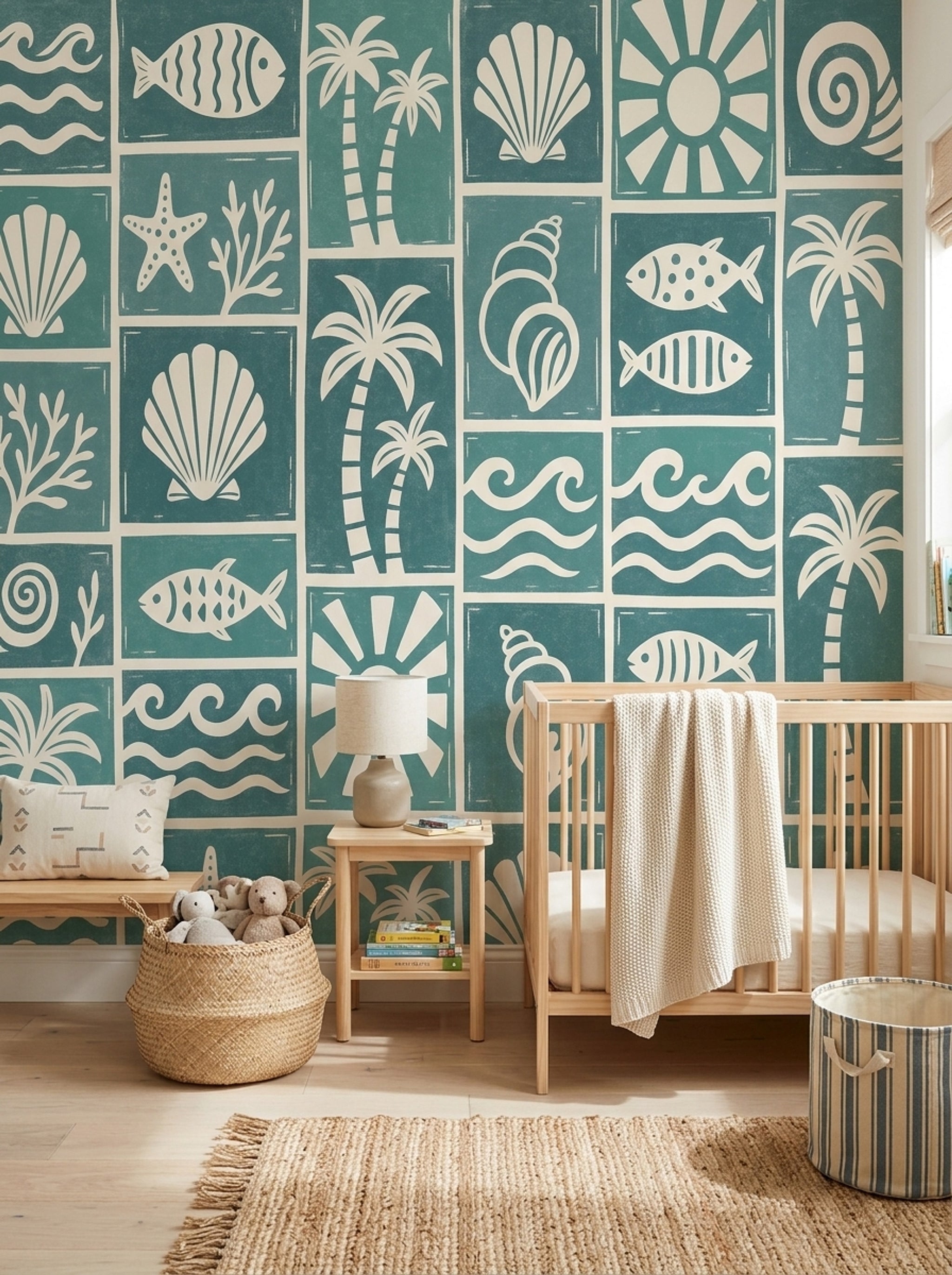 Teal Coastal Wallpaper Beach Seashells Removable Wall Decor