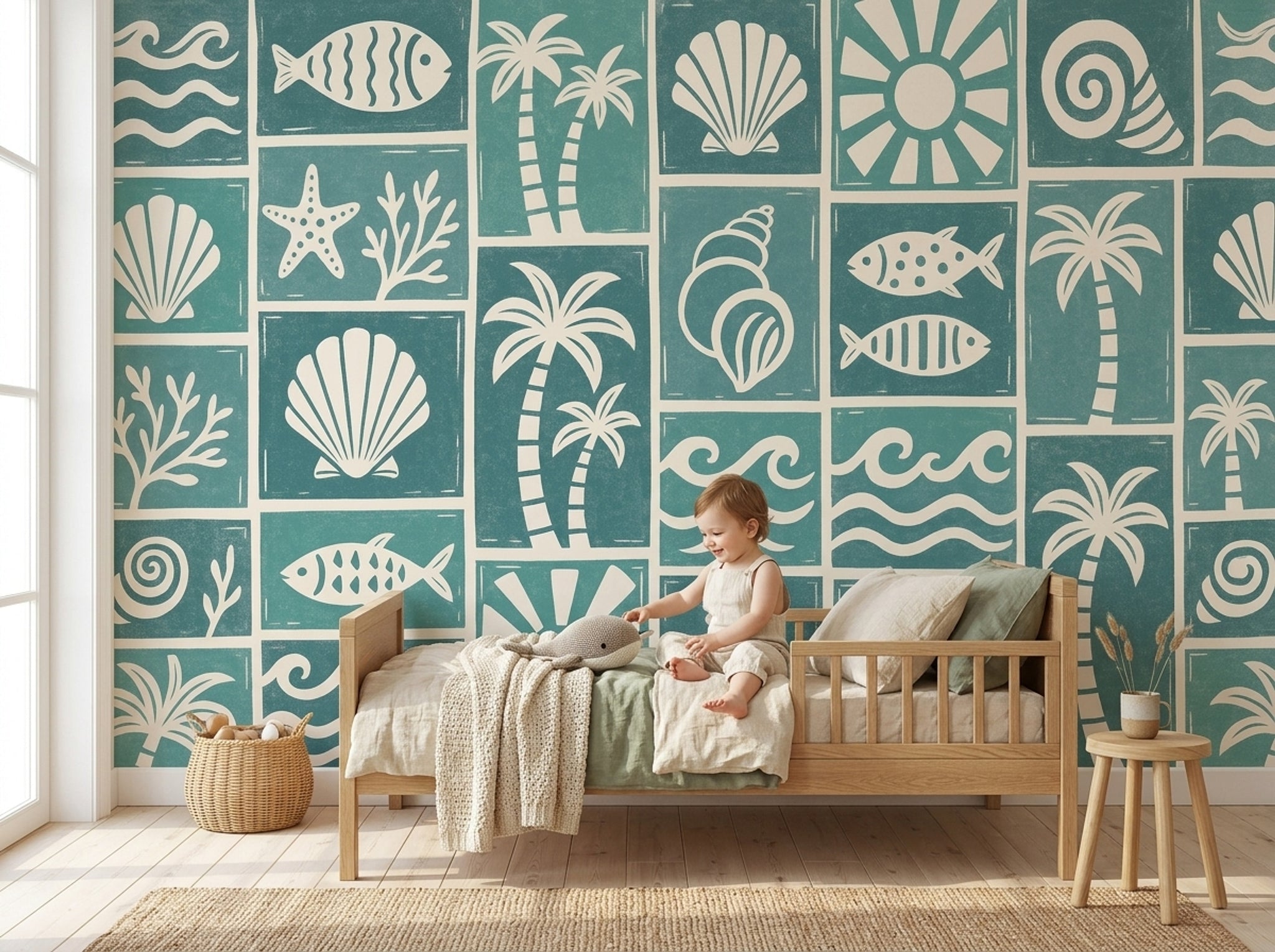 Teal Coastal Wallpaper Beach Seashells Removable Wall Decor