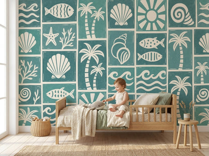 Teal Coastal Wallpaper Beach Seashells Removable Wall Decor