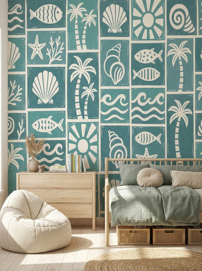 Teal Coastal Wallpaper Beach Seashells Removable Wall Decor