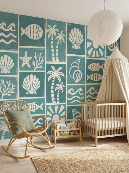 Teal Coastal Wallpaper Beach Seashells Removable Wall Decor