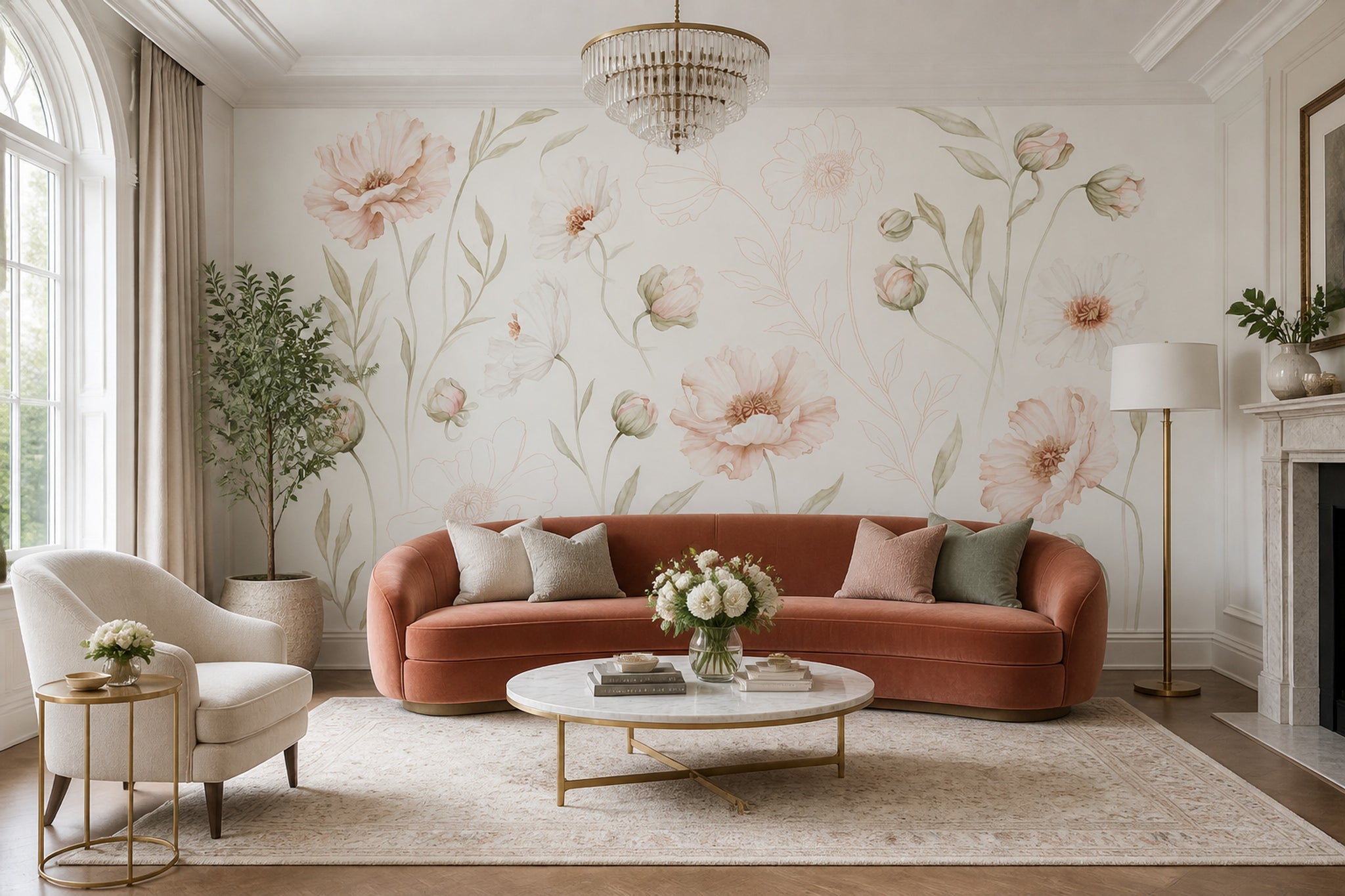 White Background Wallpaper Light Floral Soft Botanical Wall Mural
