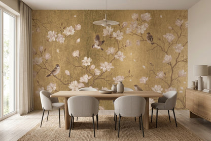 Gold Floral Wallpaper Chinoiserie Removable Magnolia Flowers Wall Decor
