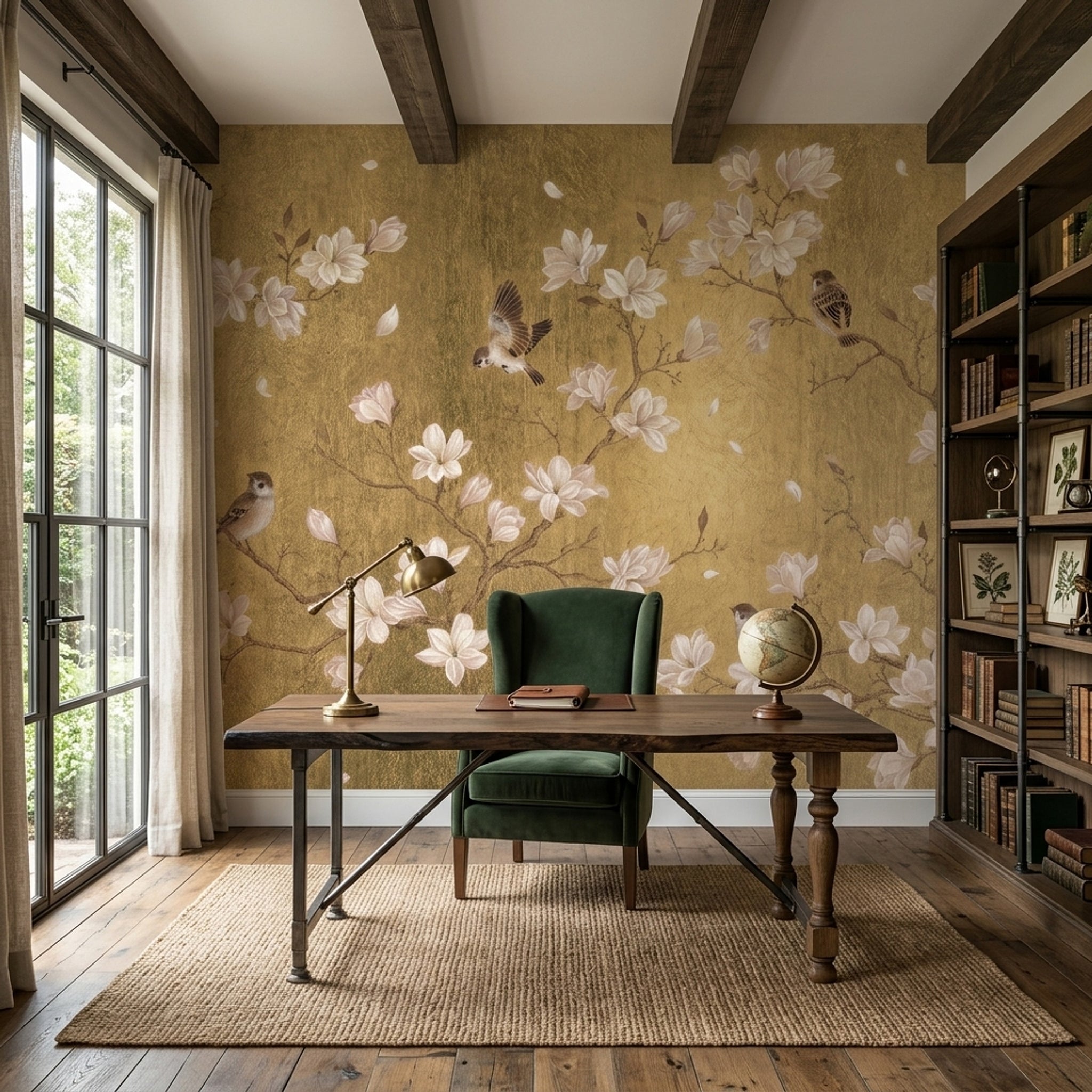 Gold Floral Wallpaper Chinoiserie Removable Magnolia Flowers Wall Decor