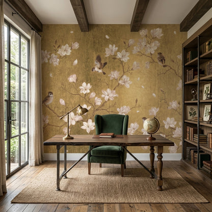Gold Floral Wallpaper Chinoiserie Removable Magnolia Flowers Wall Decor