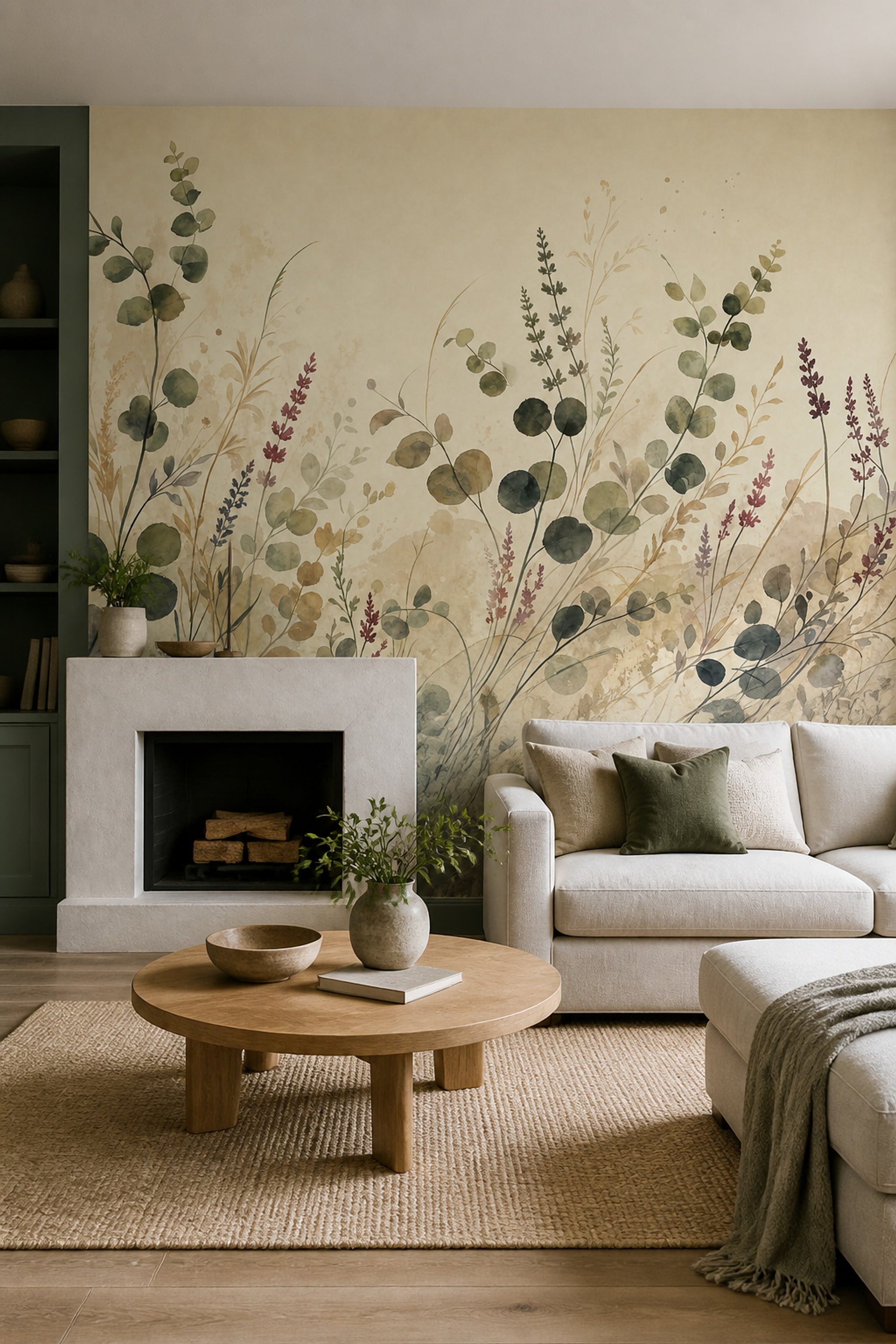 Watercolor Botanical Wallpaper Wildflowers Eucalyptus Leaves Wall Mural