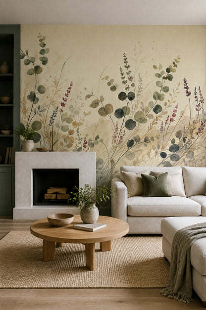 Watercolor Botanical Wallpaper Wildflowers Eucalyptus Leaves Wall Mural