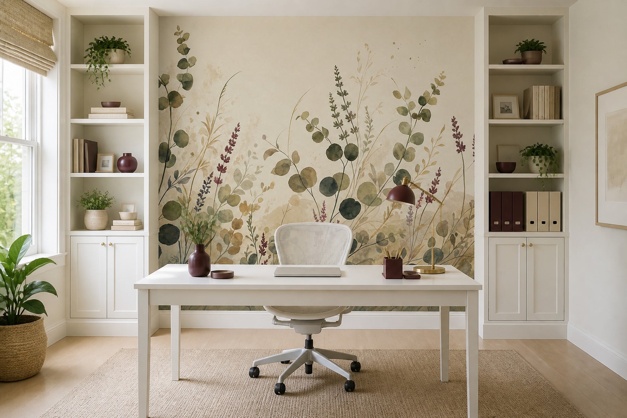 Watercolor Botanical Wallpaper Wildflowers Eucalyptus Leaves Wall Mural