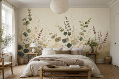 Watercolor Botanical Wallpaper Wildflowers Eucalyptus Leaves Wall Mural