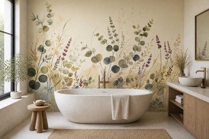 Watercolor Botanical Wallpaper Wildflowers Eucalyptus Leaves Wall Mural