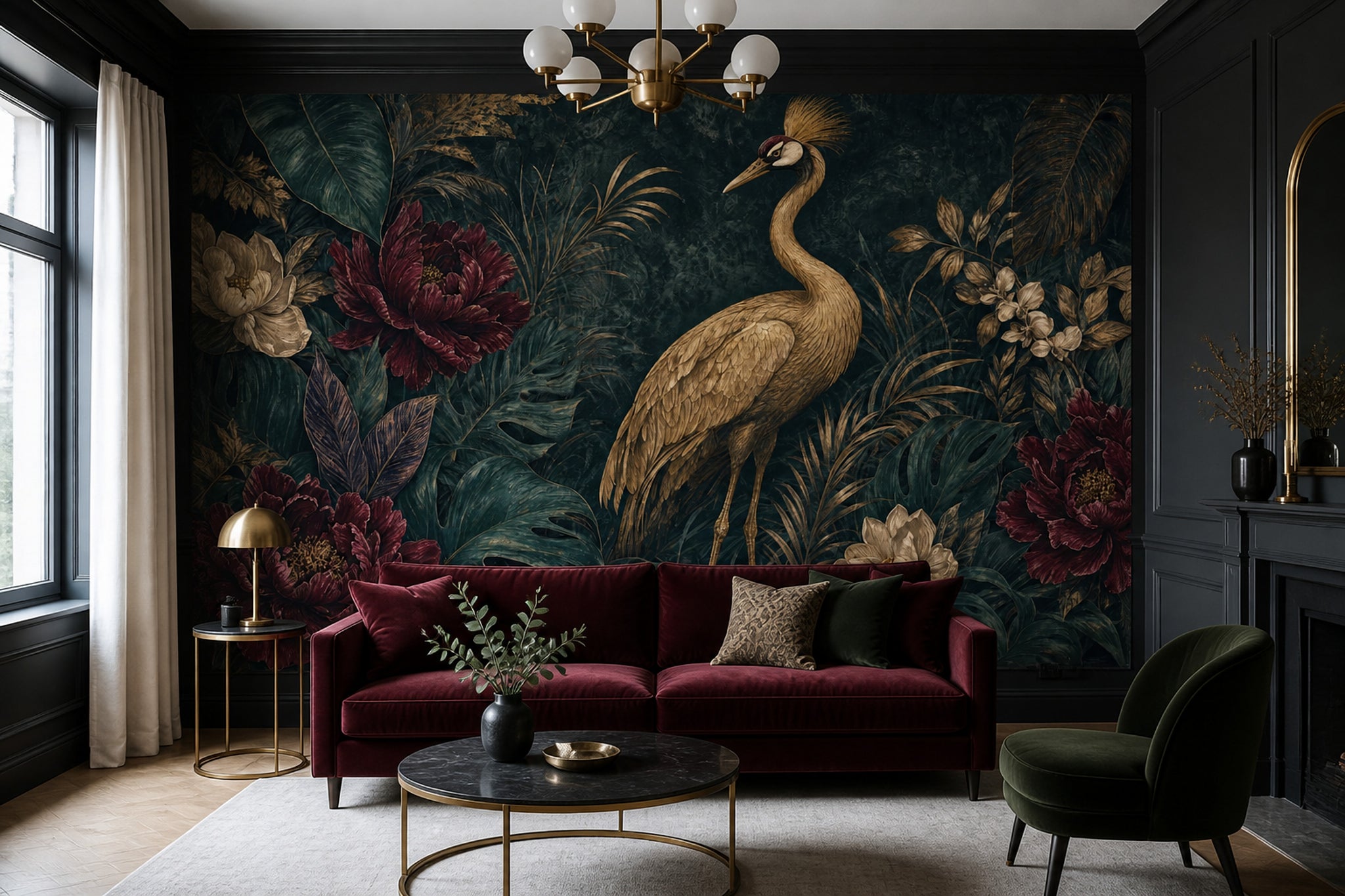 Dark Tropical Wallpaper Crane Removable Botanical Wall Decor