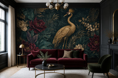 Dark Tropical Wallpaper Crane Removable Botanical Wall Decor