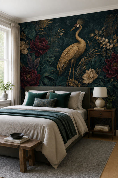 Dark Tropical Wallpaper Crane Removable Botanical Wall Decor