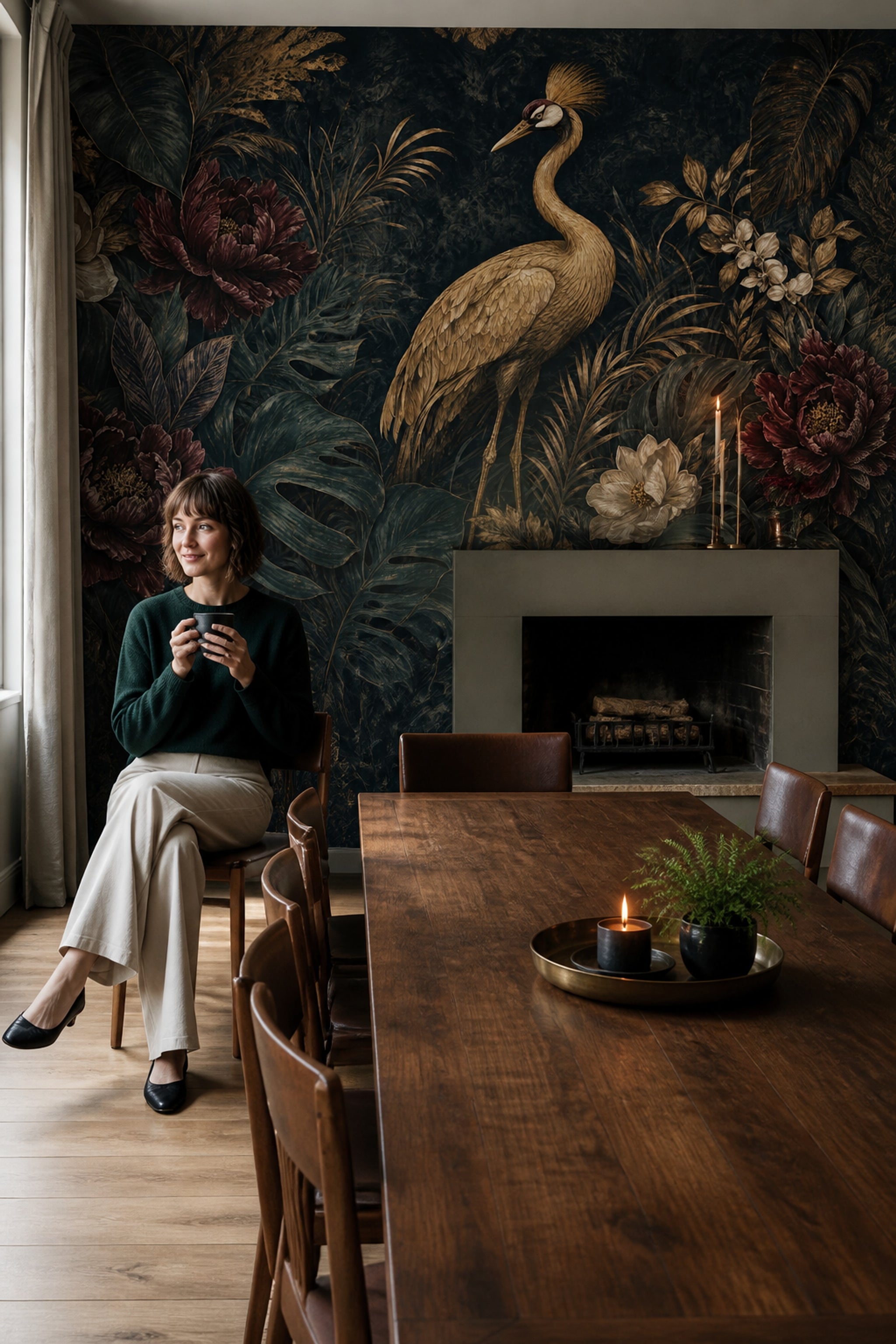 Dark Tropical Wallpaper Crane Removable Botanical Wall Decor