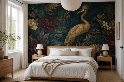 Dark Tropical Wallpaper Crane Removable Botanical Wall Decor