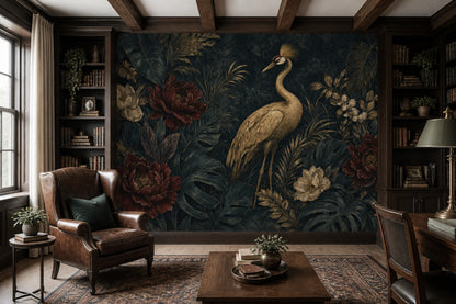 Dark Tropical Wallpaper Crane Removable Botanical Wall Decor
