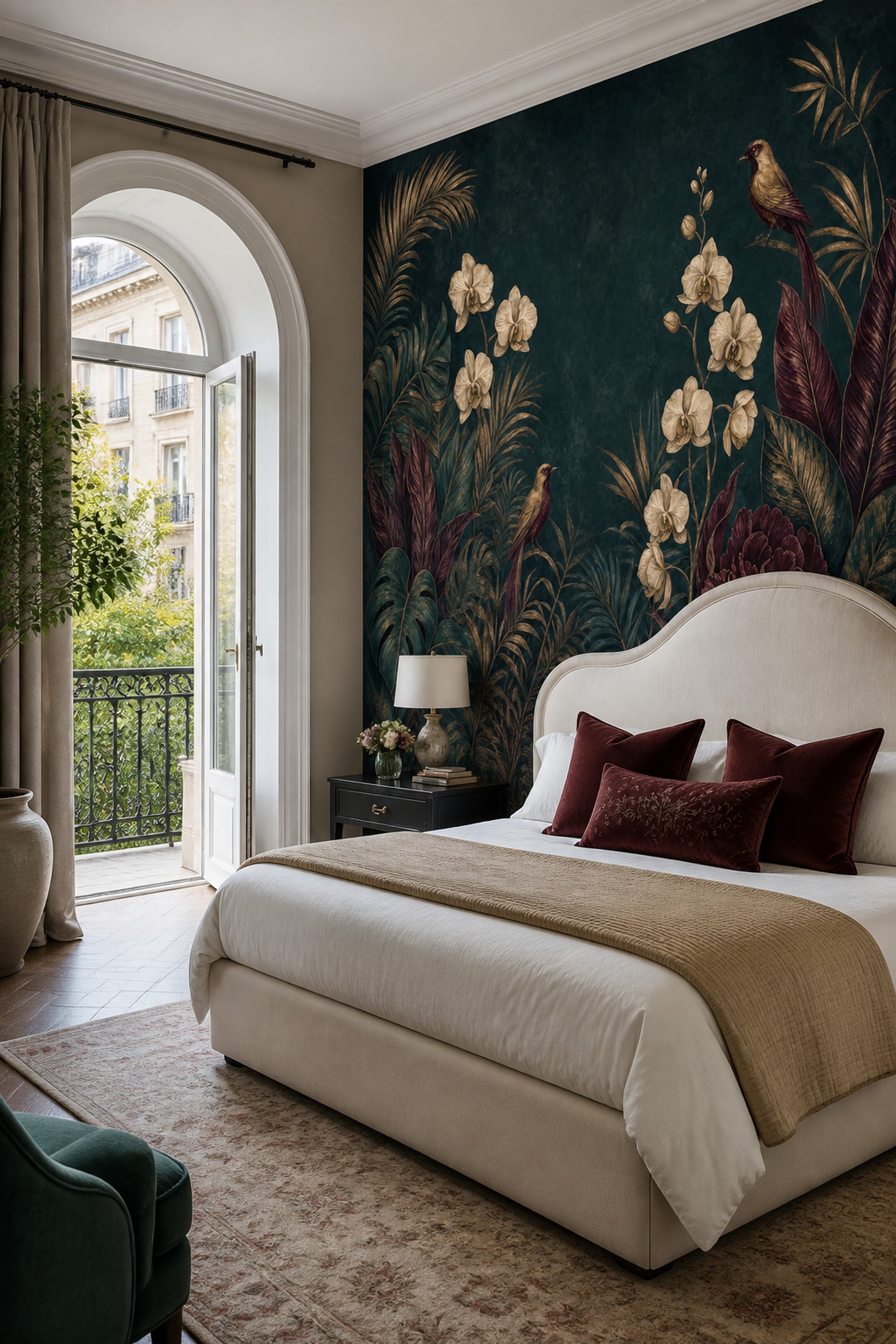 Dark Botanical Wallpaper Tropical Foliage Orchids Removable Wall Decor