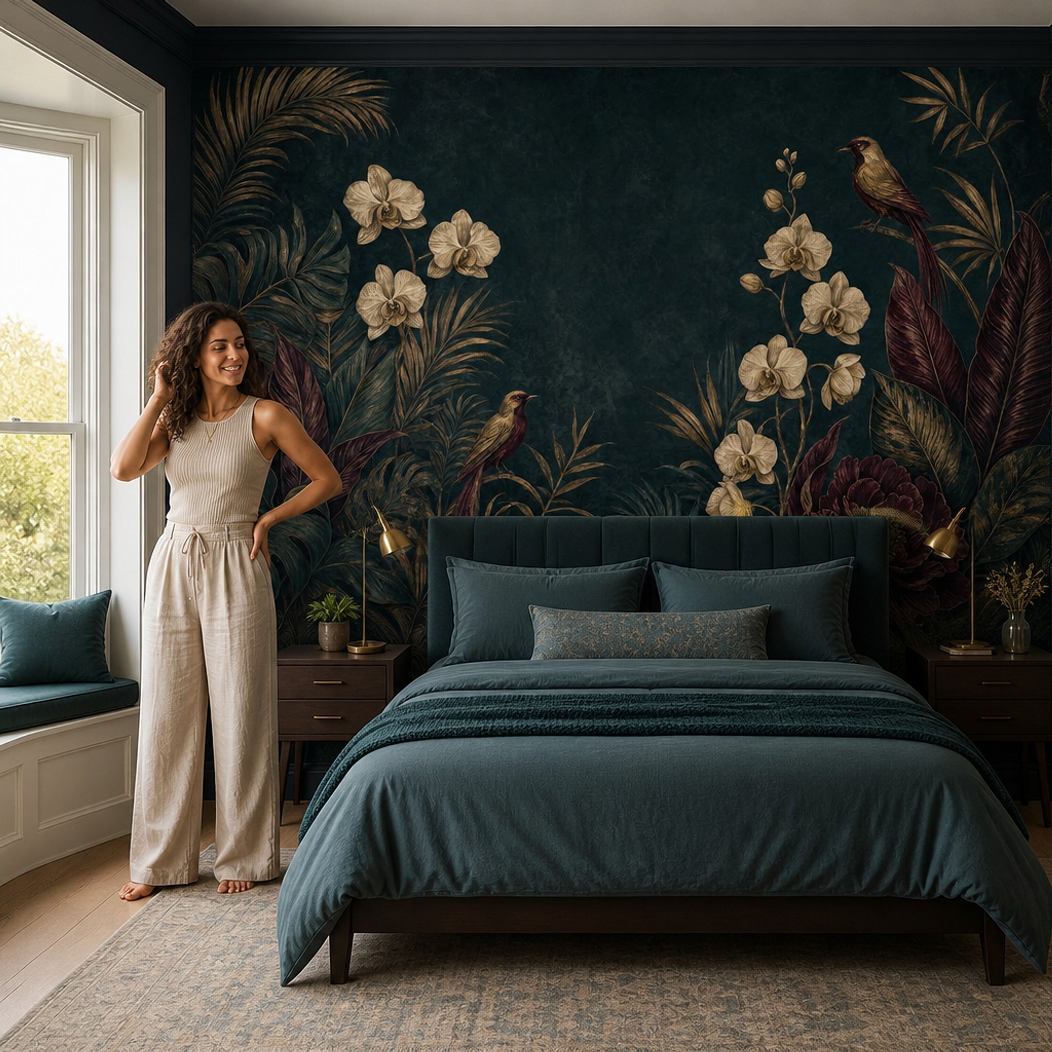 Dark Botanical Wallpaper Tropical Foliage Orchids Removable Wall Decor