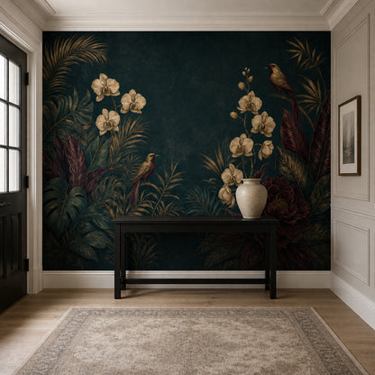 Dark Botanical Wallpaper Tropical Foliage Orchids Removable Wall Decor