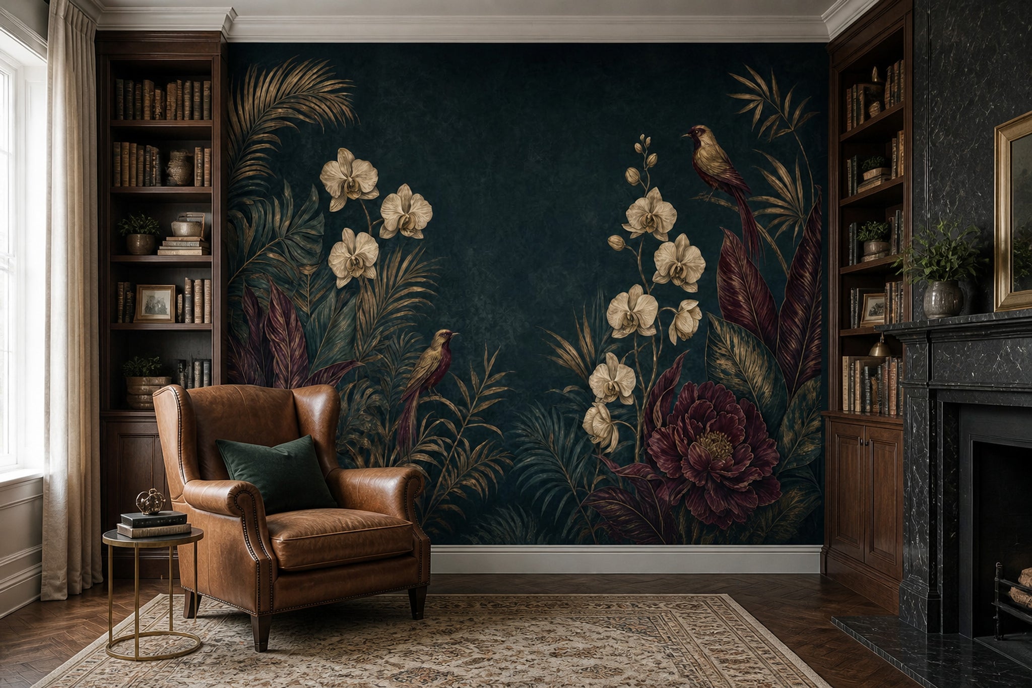 Dark Botanical Wallpaper Tropical Foliage Orchids Removable Wall Decor