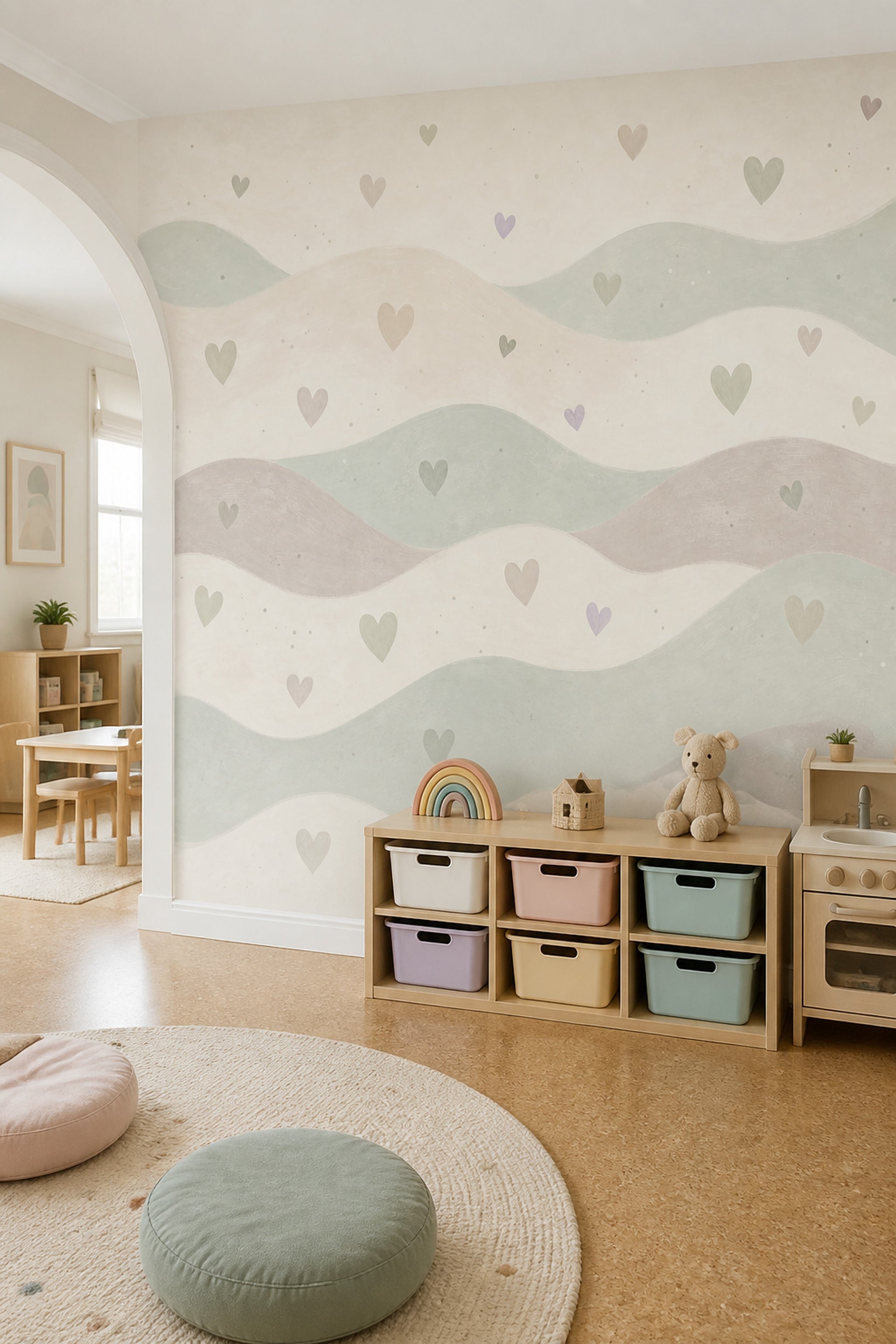 Nursery Wallpaper Hearts Removable Wavy Bands Wall Decor
