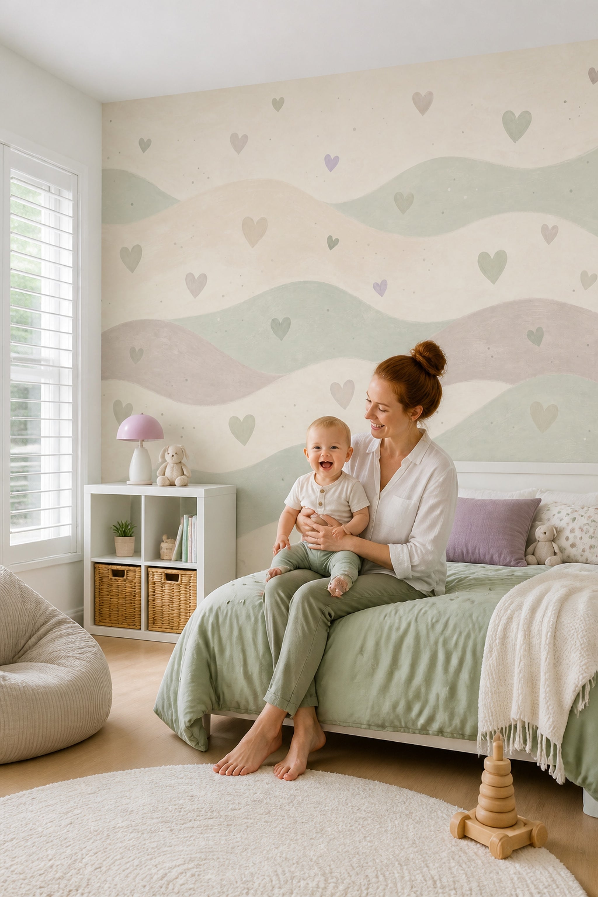 Nursery Wallpaper Hearts Removable Wavy Bands Wall Decor
