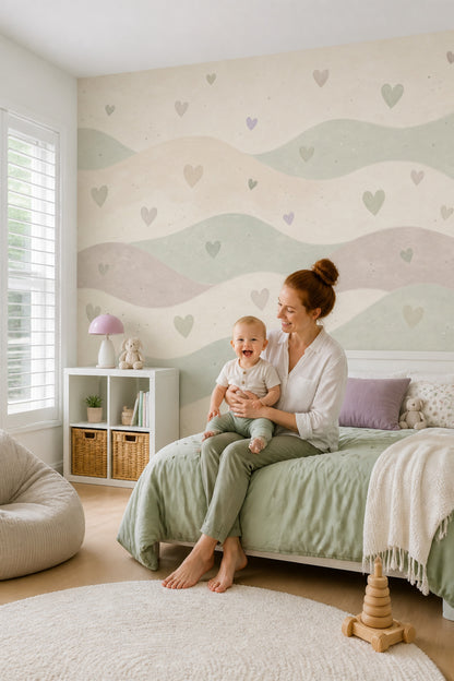 Nursery Wallpaper Hearts Removable Wavy Bands Wall Decor