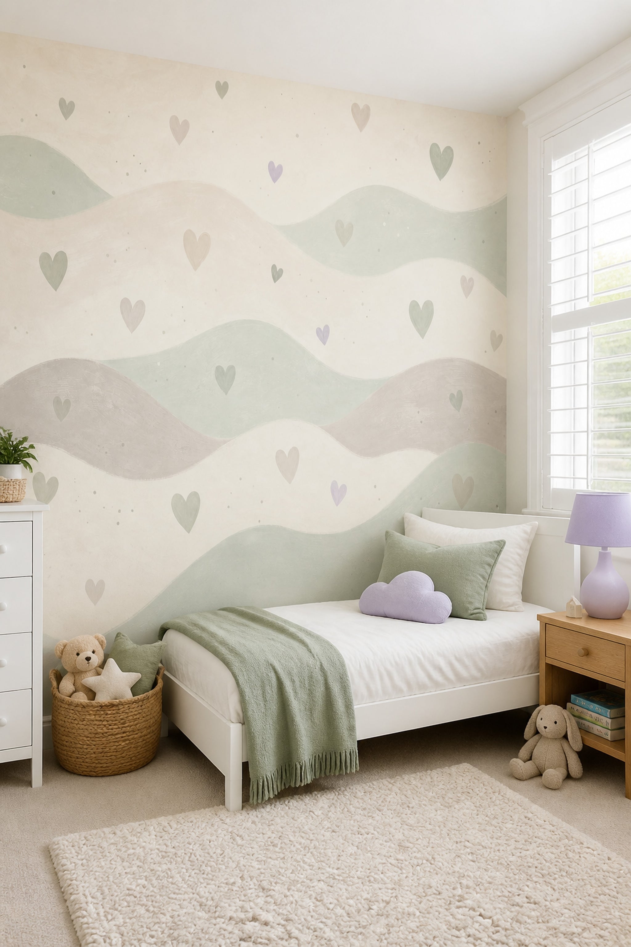 Nursery Wallpaper Hearts Removable Wavy Bands Wall Decor