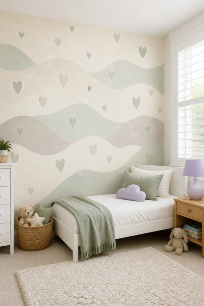 Nursery Wallpaper Hearts Removable Wavy Bands Wall Decor