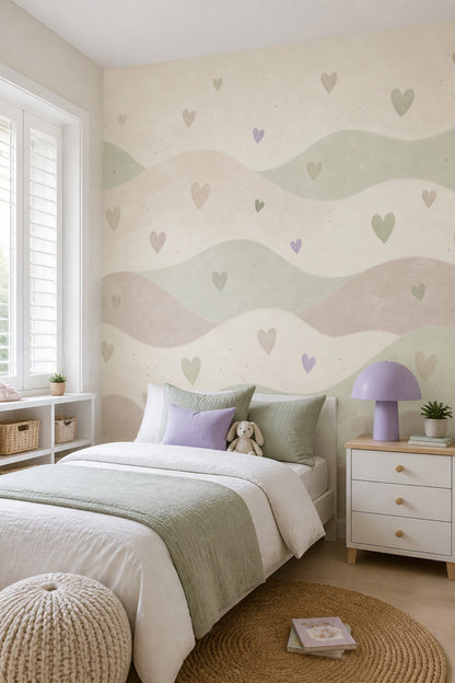 Nursery Wallpaper Hearts Removable Wavy Bands Wall Decor