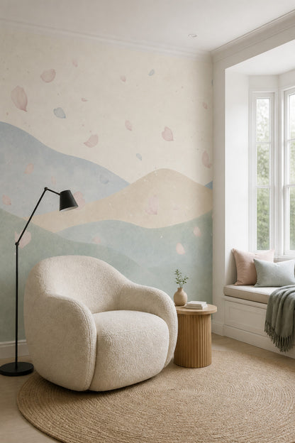 Pastel Landscape Wallpaper Watercolor Hills Flower Petals Wall Mural