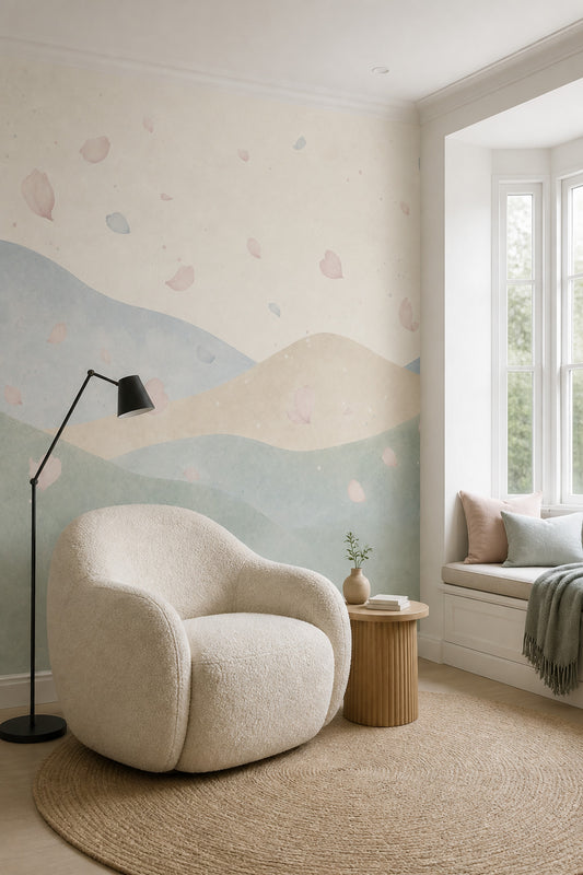 Pastel Landscape Wallpaper Watercolor Hills Flower Petals Wall Mural