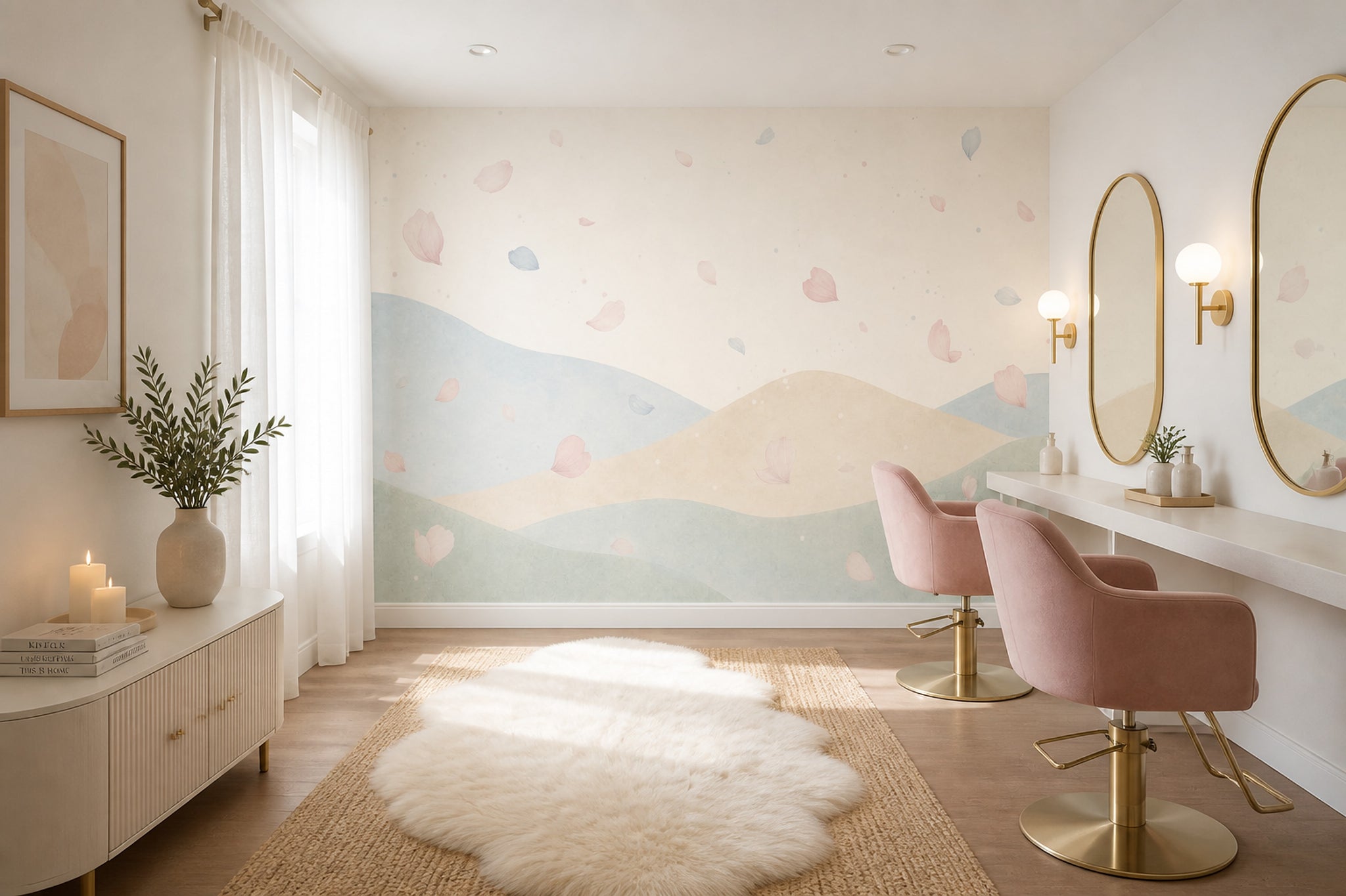 Pastel Landscape Wallpaper Watercolor Hills Flower Petals Wall Mural