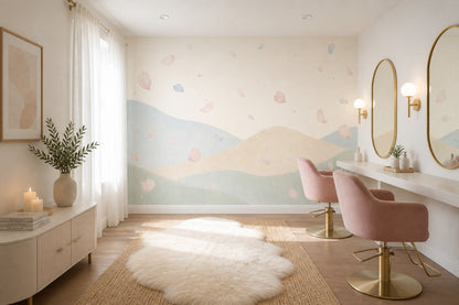 Pastel Landscape Wallpaper Watercolor Hills Flower Petals Wall Mural