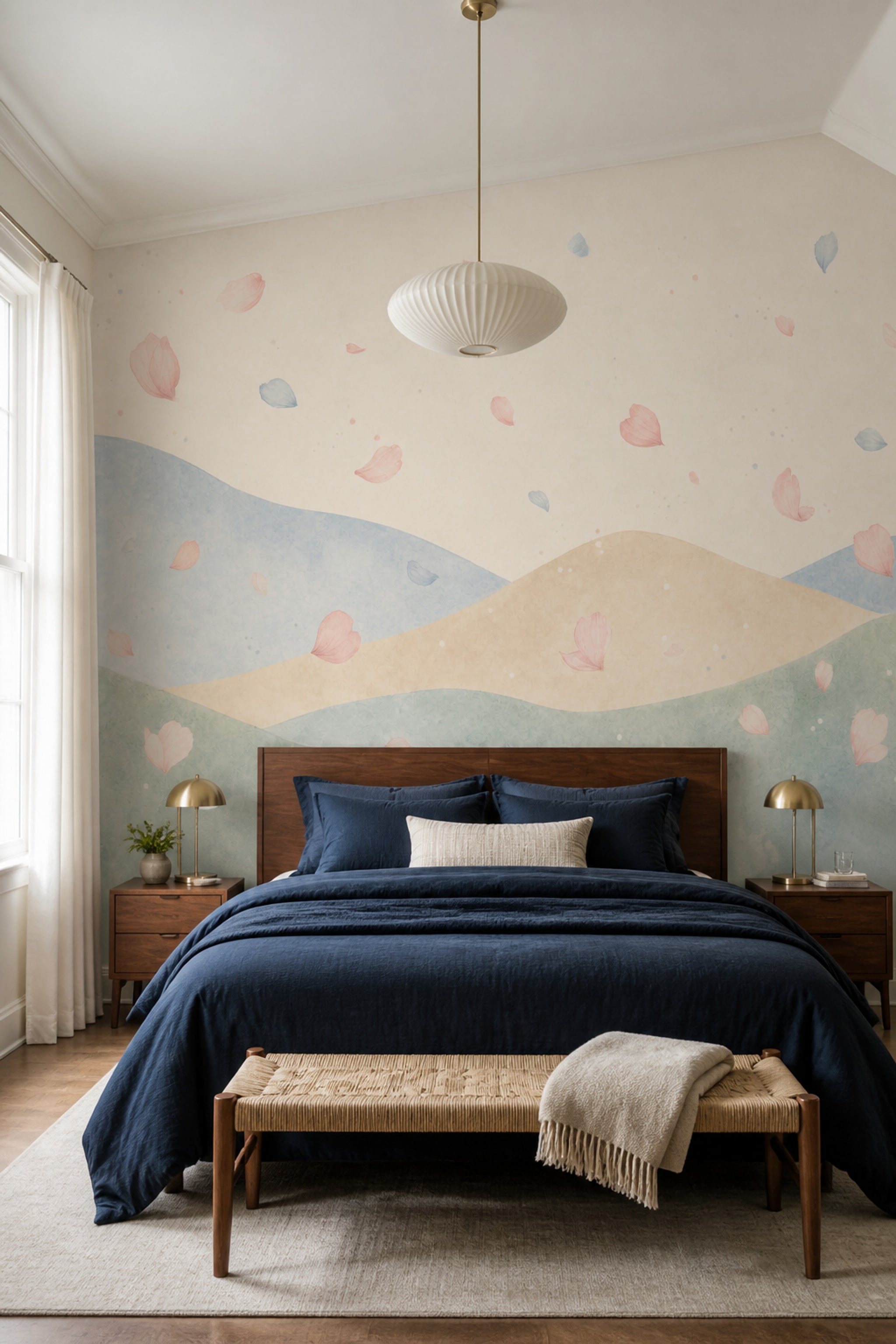 Pastel Landscape Wallpaper Watercolor Hills Flower Petals Wall Mural