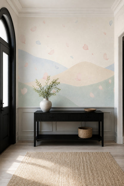 Pastel Landscape Wallpaper Watercolor Hills Flower Petals Wall Mural