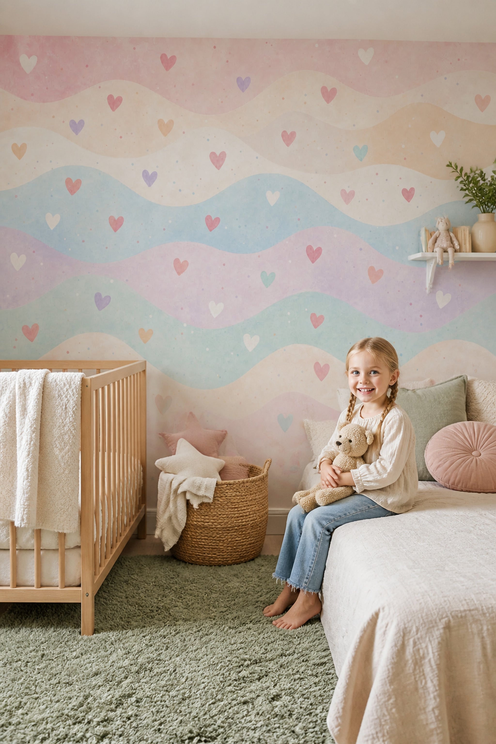 Watercolor Texture Wallpaper Pastel Stripes Heart Confetti Removable Wall Decor
