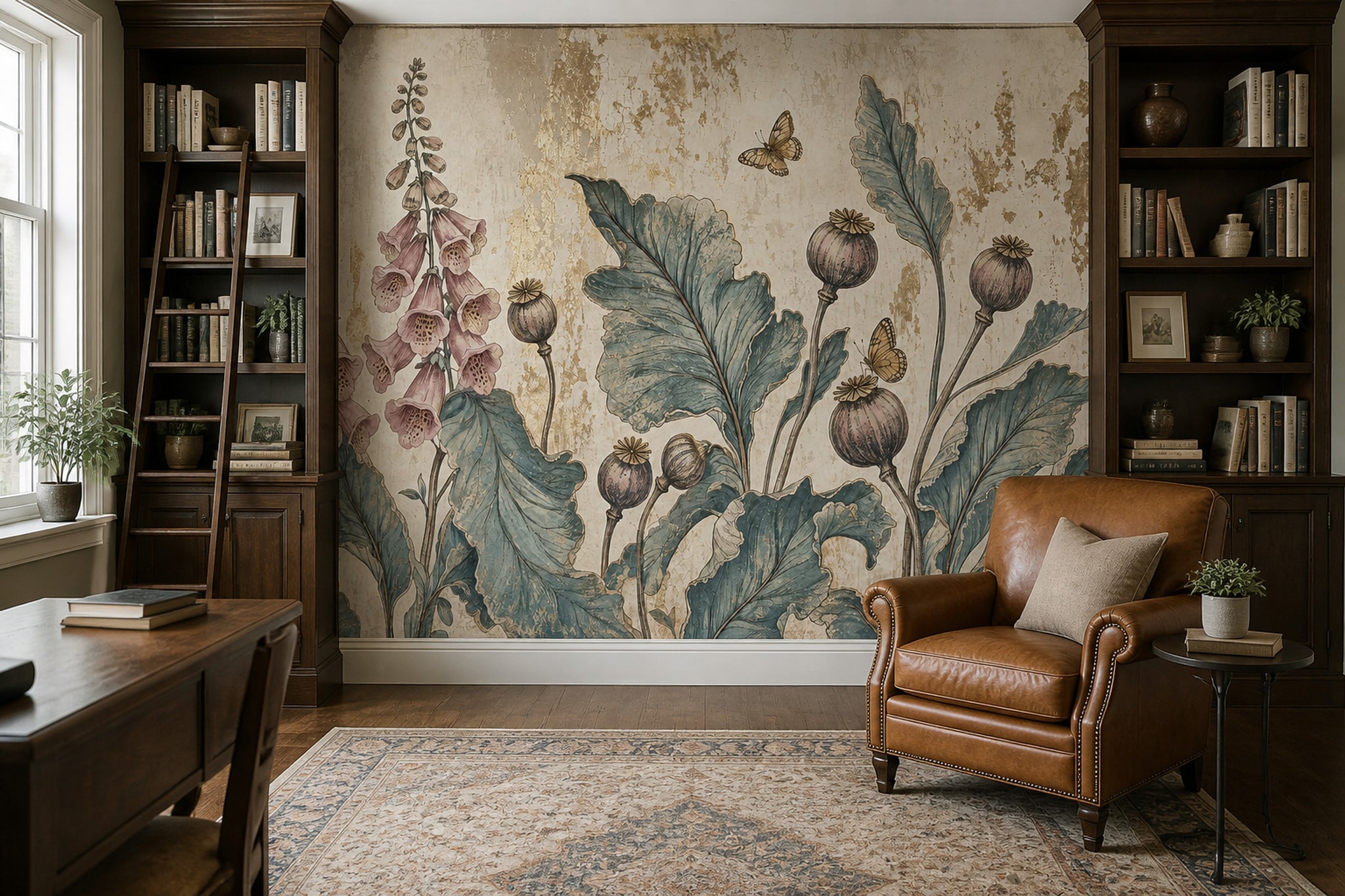 Vintage Botanical Wallpaper Floral Wallpaper Distressed Texture Wall Mural